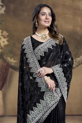 Black Sequence Embroidered Siroski Stone Border Art Silk Saree With Blouse Piece 2