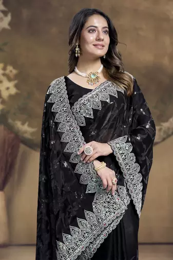 Black Sequence Embroidered Siroski Stone Border Art Silk Saree With Blouse Piece