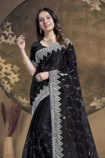 Black Sequence Embroidered Siroski Stone Border Art Silk Saree With Blouse Piece