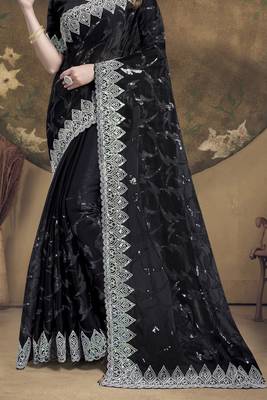 Black Sequence Embroidered Siroski Stone Border Art Silk Saree With Blouse Piece 4