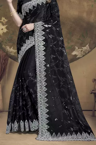 Black Sequence Embroidered Siroski Stone Border Art Silk Saree With Blouse Piece