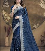 Teal Blue Sequence Embroidered Siroski Stone Border Art Silk Saree With Blouse Piece