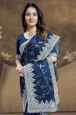 Teal Blue Sequence Embroidered Siroski Stone Border Art Silk Saree With Blouse Piece 2