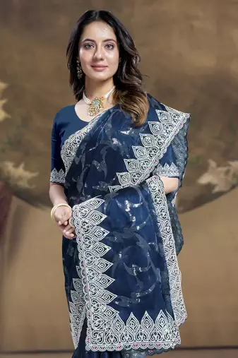 Teal Blue Sequence Embroidered Siroski Stone Border Art Silk Saree With Blouse Piece
