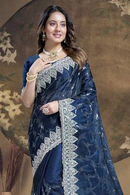 Teal Blue Sequence Embroidered Siroski Stone Border Art Silk Saree With Blouse Piece 3