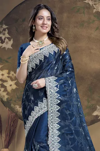 Teal Blue Sequence Embroidered Siroski Stone Border Art Silk Saree With Blouse Piece