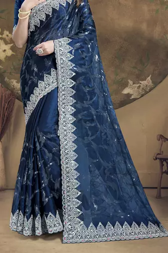 Teal Blue Sequence Embroidered Siroski Stone Border Art Silk Saree With Blouse Piece