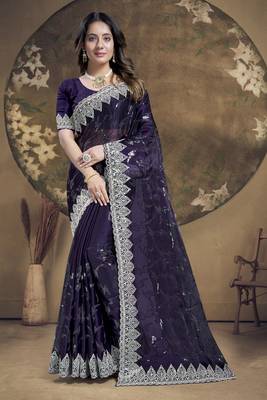 Purple Sequence Embroidered Siroski Stone Border Art Silk Saree With Blouse Piece 1