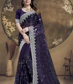 Purple Sequence Embroidered Siroski Stone Border Art Silk Saree With Blouse Piece