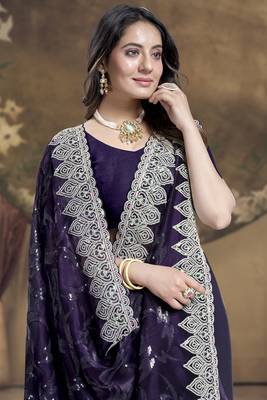 Purple Sequence Embroidered Siroski Stone Border Art Silk Saree With Blouse Piece 2