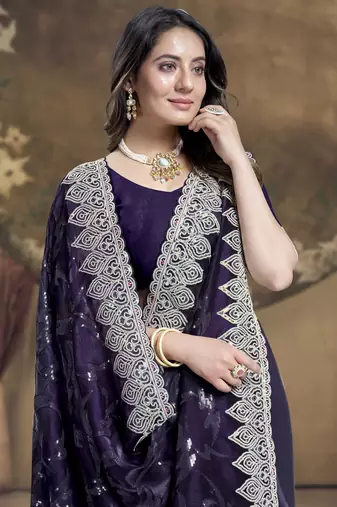 Purple Sequence Embroidered Siroski Stone Border Art Silk Saree With Blouse Piece