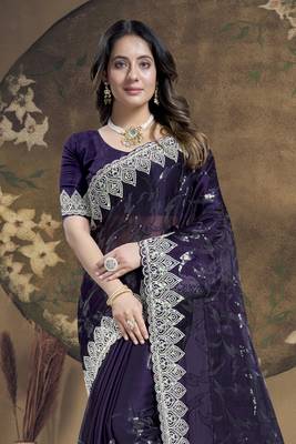 Purple Sequence Embroidered Siroski Stone Border Art Silk Saree With Blouse Piece 3
