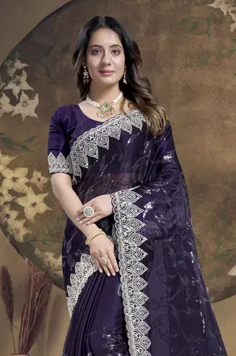 Purple Sequence Embroidered Siroski Stone Border Art Silk Saree With Blouse Piece