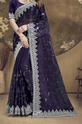 Purple Sequence Embroidered Siroski Stone Border Art Silk Saree With Blouse Piece 4