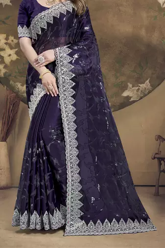 Purple Sequence Embroidered Siroski Stone Border Art Silk Saree With Blouse Piece