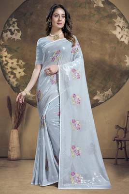 Grey Sequence Embroidered Siroski Stone Border Georgette Saree With Blouse Piece 1