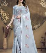 Grey Sequence Embroidered Siroski Stone Border Georgette Saree With Blouse Piece