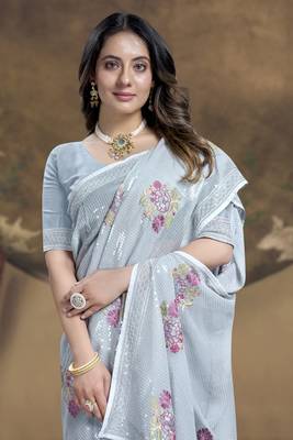 Grey Sequence Embroidered Siroski Stone Border Georgette Saree With Blouse Piece 2