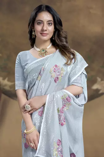Grey Sequence Embroidered Siroski Stone Border Georgette Saree With Blouse Piece
