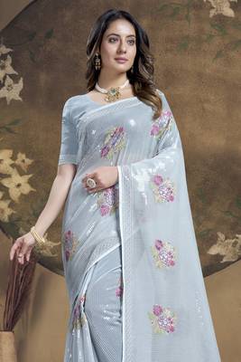 Grey Sequence Embroidered Siroski Stone Border Georgette Saree With Blouse Piece 3