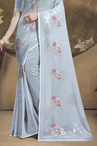Grey Sequence Embroidered Siroski Stone Border Georgette Saree With Blouse Piece