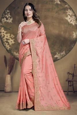 Peach Heavy Zari Embroidered Stone Border Vichitra Silk Saree With Blouse Piece 1
