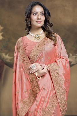 Peach Heavy Zari Embroidered Stone Border Vichitra Silk Saree With Blouse Piece 2