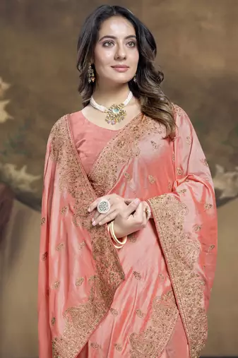 Peach Heavy Zari Embroidered Stone Border Vichitra Silk Saree With Blouse Piece