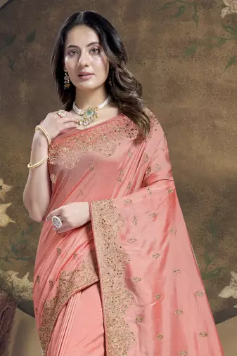 Peach Heavy Zari Embroidered Stone Border Vichitra Silk Saree With Blouse Piece