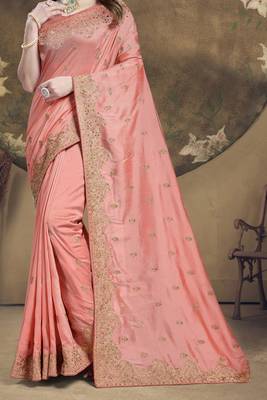 Peach Heavy Zari Embroidered Stone Border Vichitra Silk Saree With Blouse Piece 4