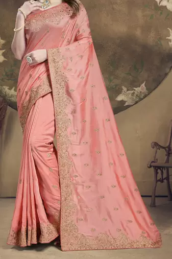 Peach Heavy Zari Embroidered Stone Border Vichitra Silk Saree With Blouse Piece
