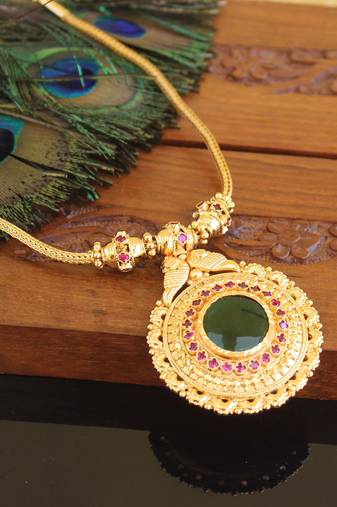 Kerala traditional gold plated palakka ruby peacock necklace