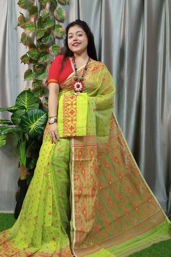 Beautiful Light Mustard Buti Dhakai Jamdani Saree With Blouse Piece