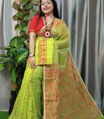 Beautiful Light Mustard Buti Dhakai Jamdani Saree With Blouse Piece