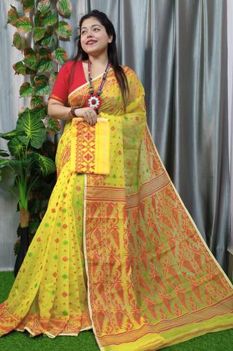Beautiful Yellow Buti Dhakai Jamdani Saree With Blouse Piece