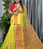 Beautiful Yellow Buti Dhakai Jamdani Saree With Blouse Piece