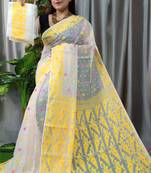 Beautiful White Yellow Buti Dhakai Jamdani Saree With Blouse Piece