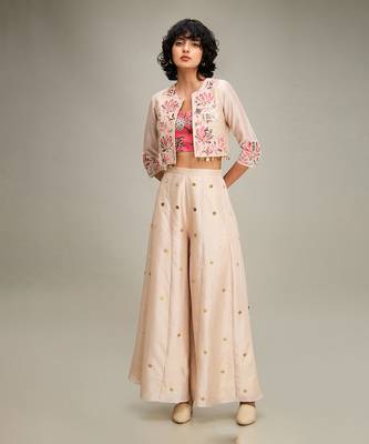 Beige mehr applique palazzo set with jacket 1