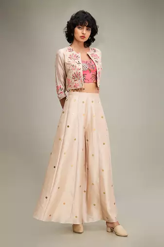 Beige mehr applique palazzo set with jacket