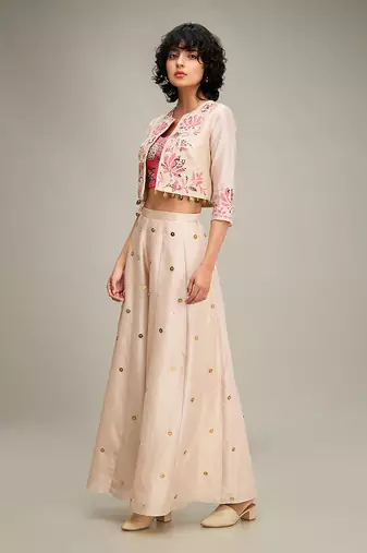 Beige mehr applique palazzo set with jacket