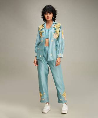 Blue zinnia applique co ord set with jacket 1