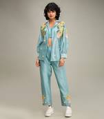 Blue zinnia applique co ord set with jacket