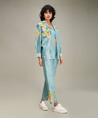 Blue zinnia applique co ord set with jacket 2