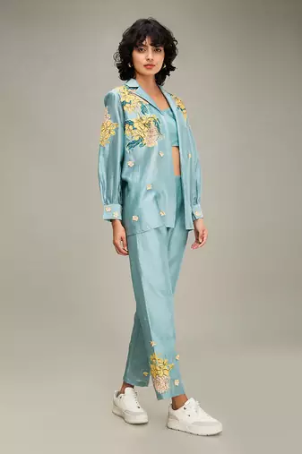 Blue zinnia applique co ord set with jacket