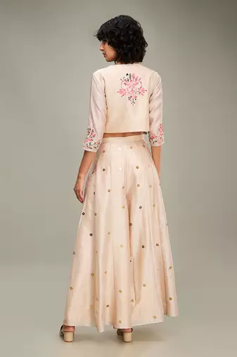 Beige mehr applique palazzo set with jacket