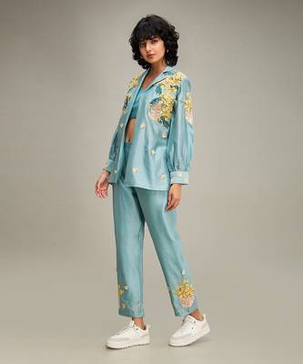 Blue zinnia applique co ord set with jacket 3