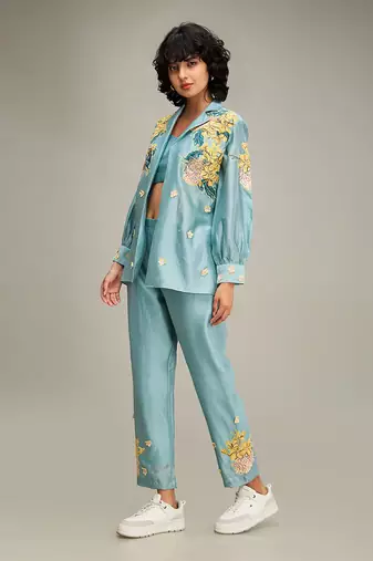 Blue zinnia applique co ord set with jacket