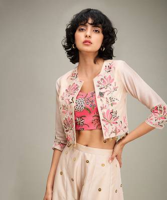 Beige mehr applique palazzo set with jacket 5