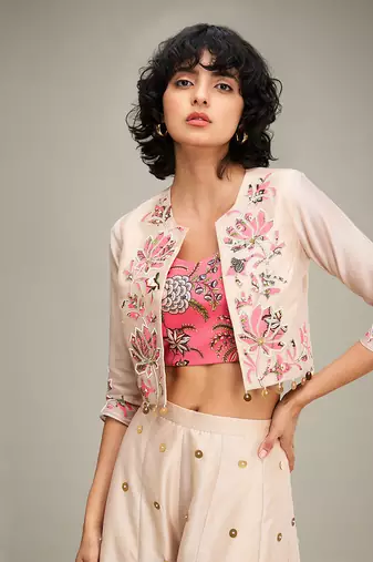 Beige mehr applique palazzo set with jacket