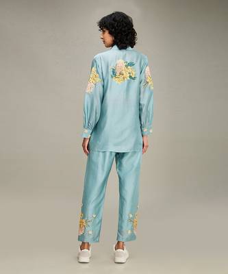 Blue zinnia applique co ord set with jacket 4